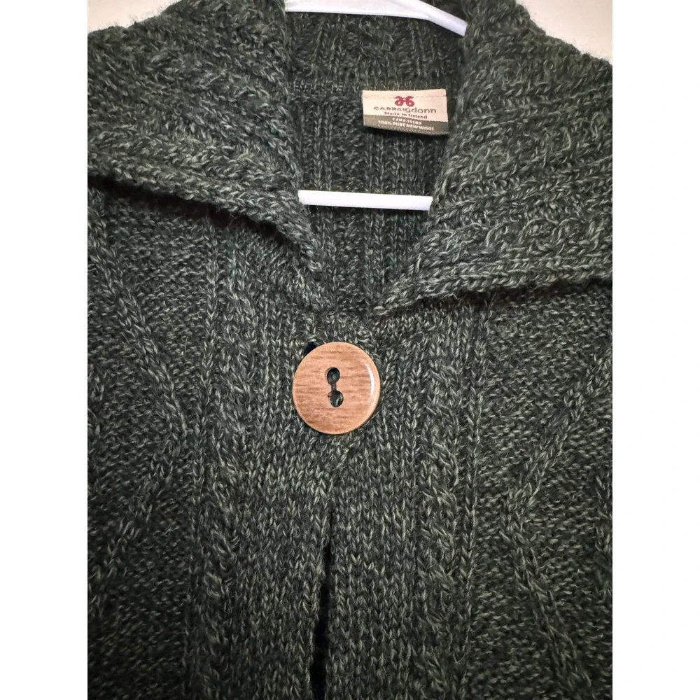 Carraig Donn Irish Wool Cardigan Green Cable Knit Aran Sweater Made in Ireland